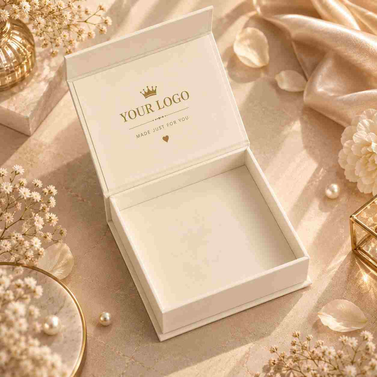  Cream/beige with ribbon Open cream gift box with custom logo printed inside the lid. Displayed on a soft beige background with satin ribbon and gold bead.