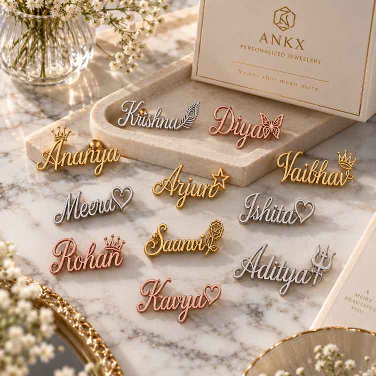Personalized name brooches in gold, silver, and rose gold arranged on a cream jewelry tray over white marble with delicate white flowers.