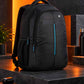 Black branded corporate backpack showcased from a low left-side angle against a burnt orange and charcoal backdrop