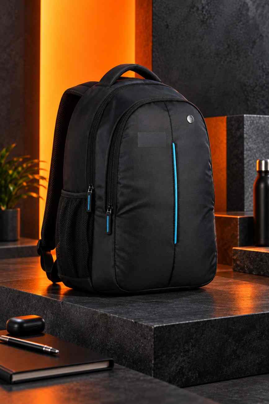 Black branded corporate backpack showcased from a low left-side angle against a burnt orange and charcoal backdrop