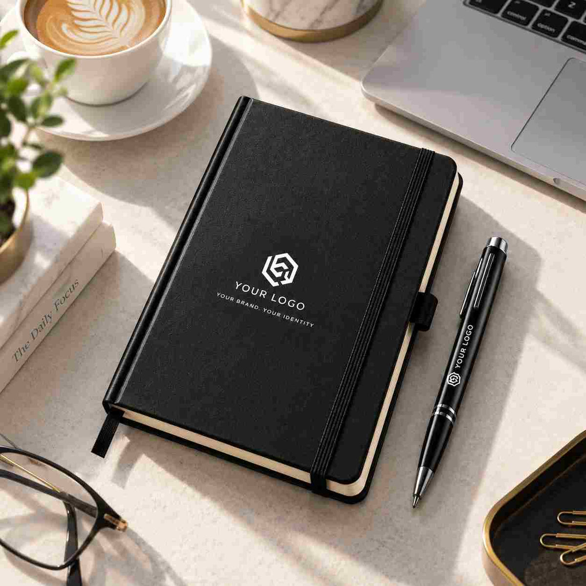 Black textured personalized diary with matching branded pen standing on a dark stone pedestal in a premium charcoal studio setting.