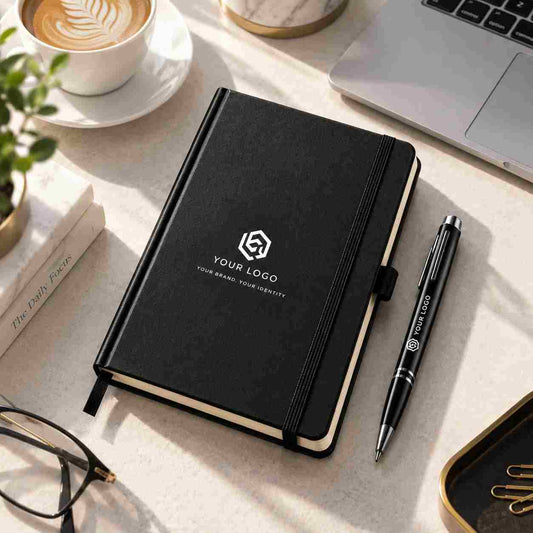 Black textured personalized diary with matching branded pen standing on a dark stone pedestal in a premium charcoal studio setting.