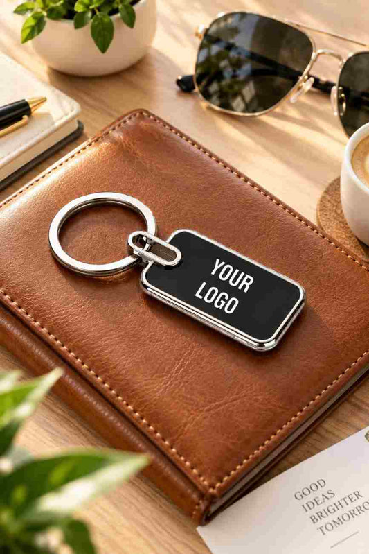 Personalized black metal keychain with silver trim and custom “YOUR LOGO” engraving, styled on a luxury leather notebook.