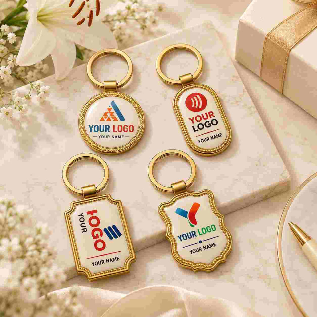 Four customizable gold metal keychains with oval and shield-shaped tags are arranged on a white marble slab with decorative white flowers and a gift box in the background.