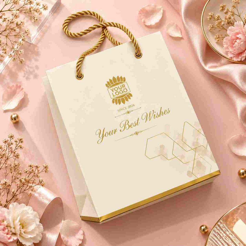 A cream-colored paper gift bag with gold rope handles and gold foil accents, styled on a pink satin background with dried flowers and petals.