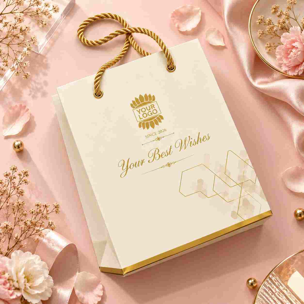 A cream-colored paper gift bag with gold rope handles and gold foil accents, styled on a pink satin background with dried flowers and petals.