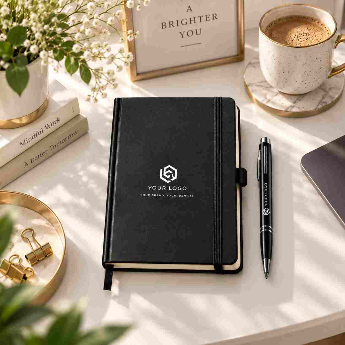 Premium black textured personalized diary with matching branded pen displayed against a clean white background, showcasing its elegant design, custom logo, and cream-colored page edges.