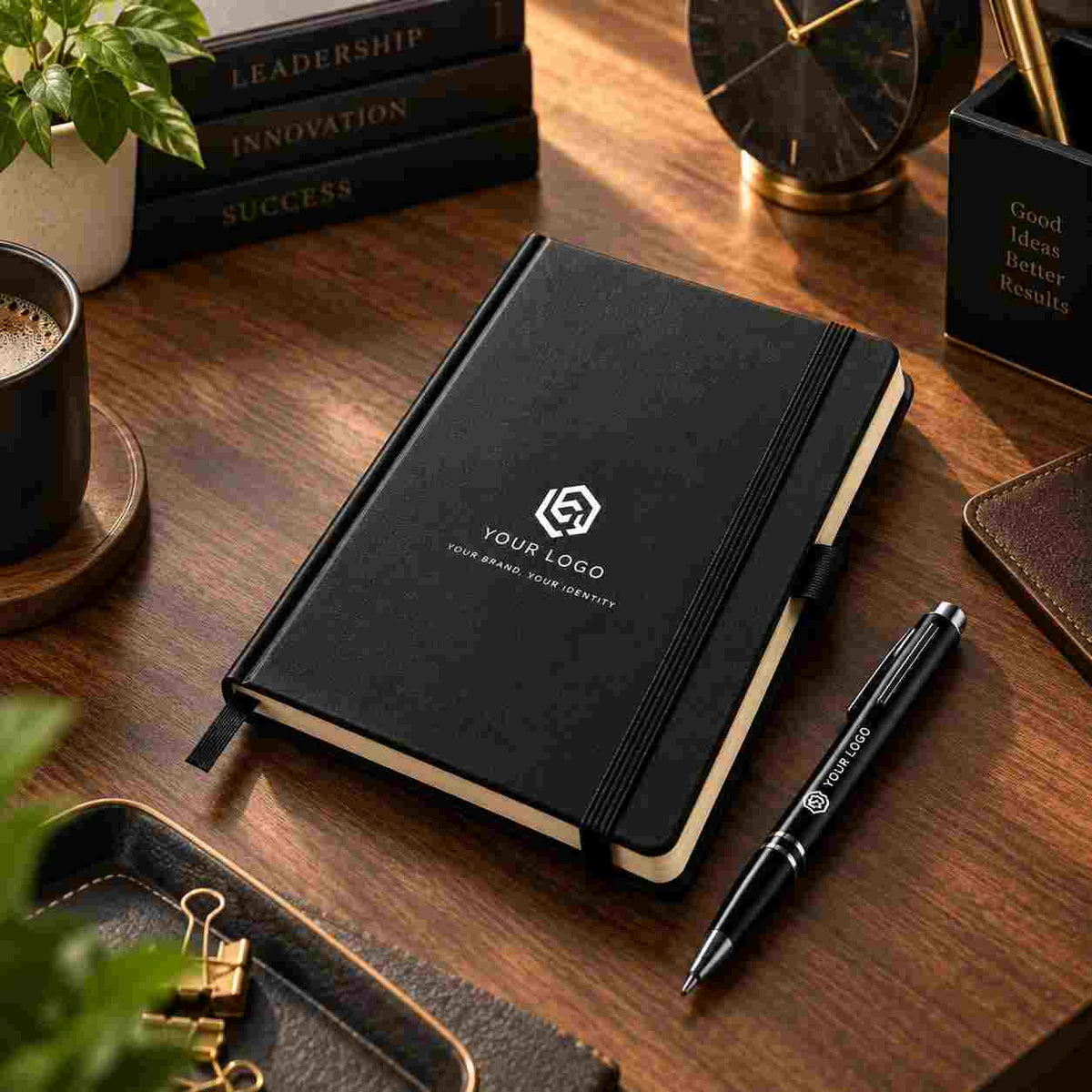A black hardcover notebook with an elastic closure and a custom logo printed on the front, styled on a wooden desk next to a black pen.