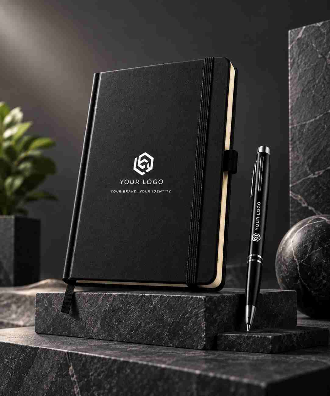 Luxury black personalized notebook and matching pen displayed upright on a dark grey stone pedestal against a charcoal studio background, with dramatic soft lighting and elegant corporate styling.