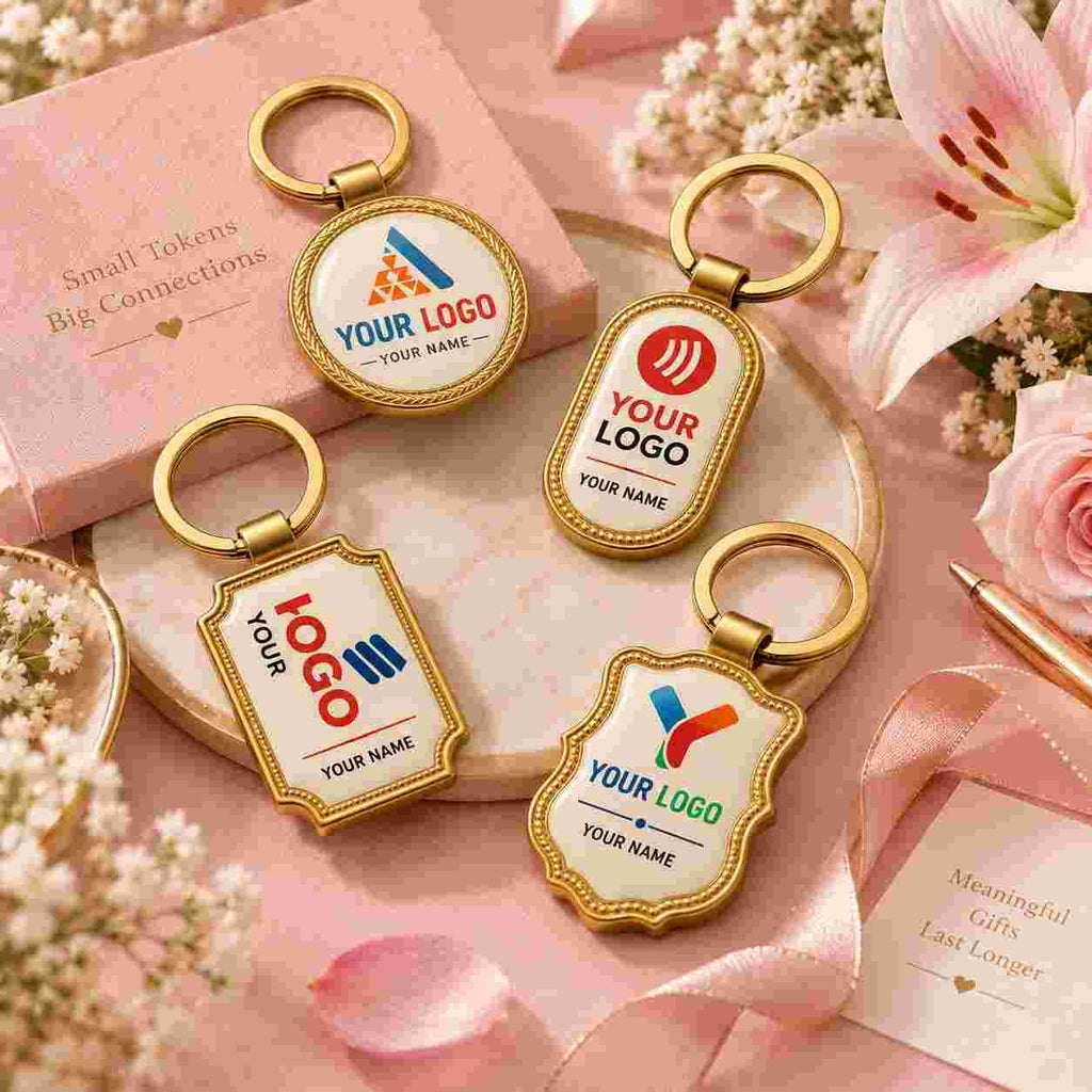 Personalized gold keychains in four shapes, customizable with your logo and name. Set against pink roses and ribbon, perfect for wedding favors and heartfelt gifts .