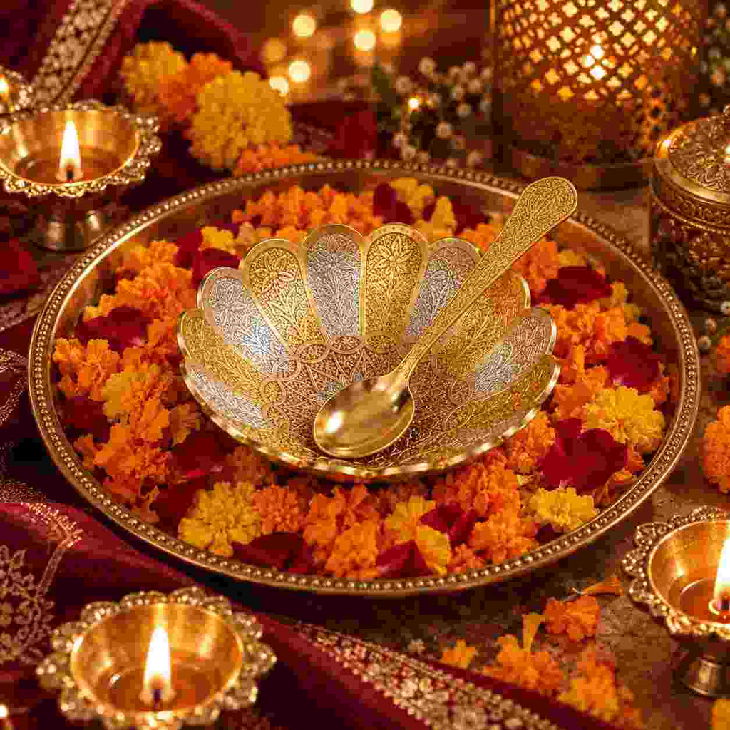 An ornate gold-toned decorative bowl and spoon set on a large matching tray, surrounded by marigold and red flower petals, with lit oil lamps in a warm festive setting.