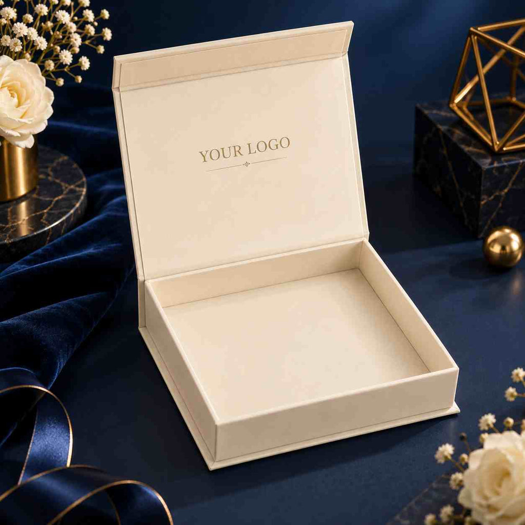  Open box, dark navy background Open cream rigid gift box with logo detail on the lid, styled against a deep navy background with gold geometric decor.