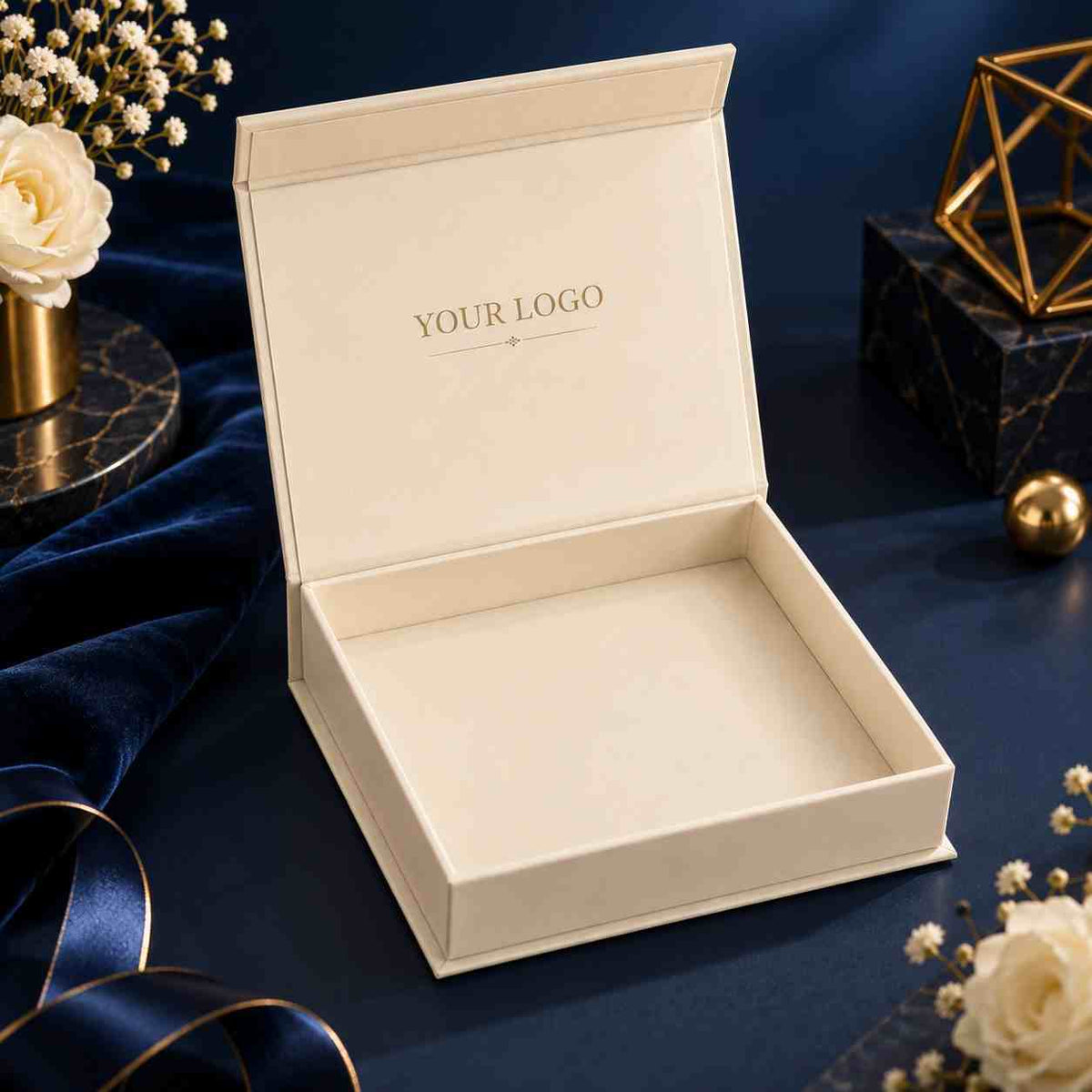  Open box, dark navy background Open cream rigid gift box with logo detail on the lid, styled against a deep navy background with gold geometric decor.