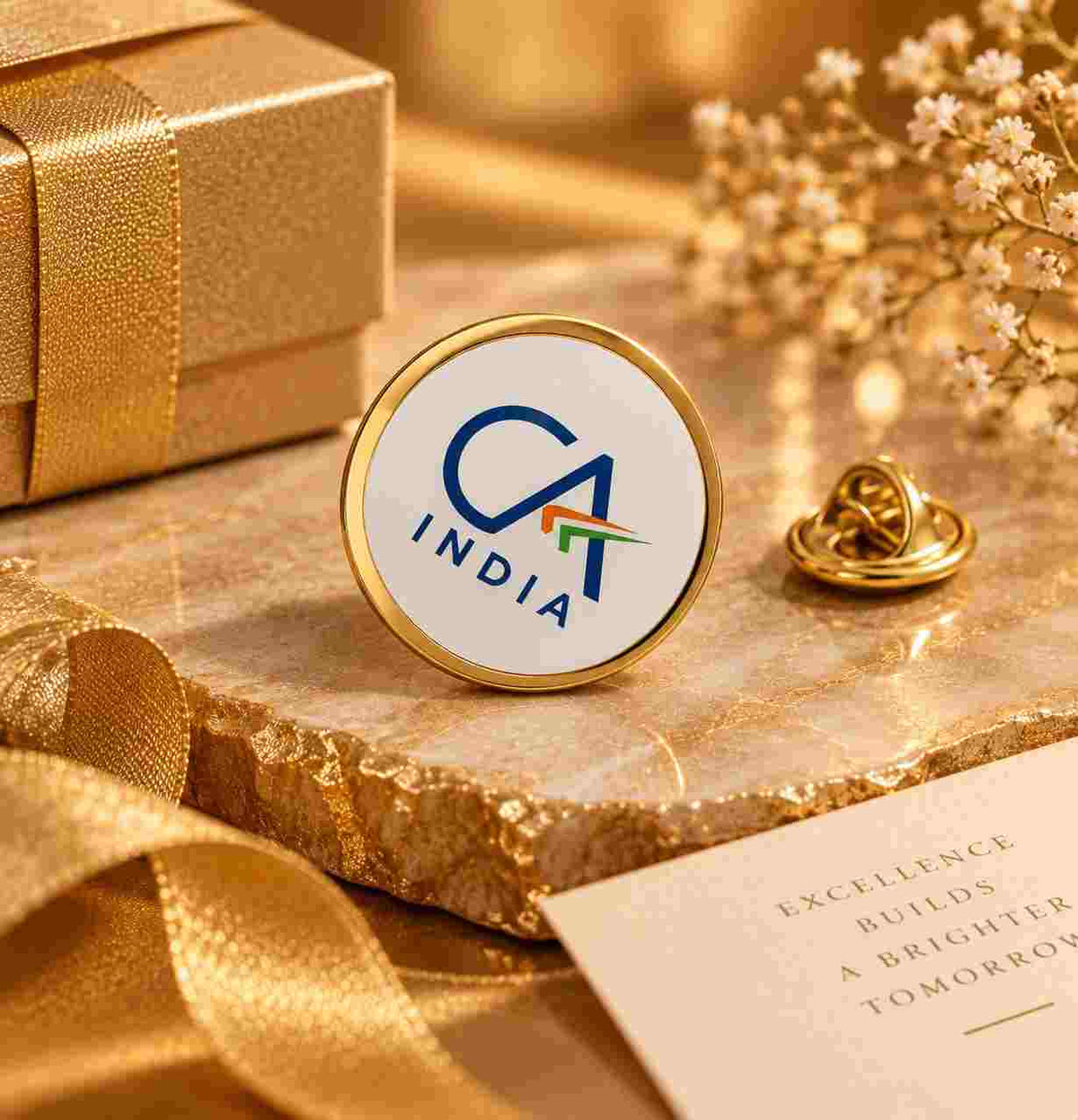 Gold-rimmed CA India round brooch displayed on an elegant golden marble gift setting
