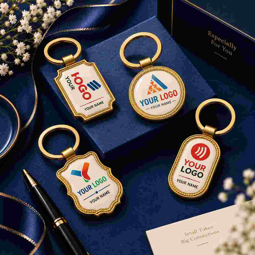 Custom branded gold keychains in round, oval, rectangle, and shield designs with logo and name customization. Displayed in a navy gift box for a premium corporate gifting look.