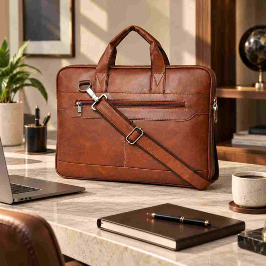 A brown faux-leather briefcase-style bag with dual top handles, a detachable shoulder strap, and silver hardware, placed on a marble desk in a modern office setting with a laptop, notebook, and coffee cup nearby.