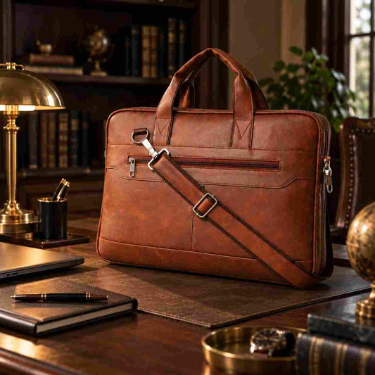 A brown leather briefcase with a matching adjustable shoulder strap, displayed on a wooden desk in a warm, scholarly office setting with books, a lamp, and a globe.