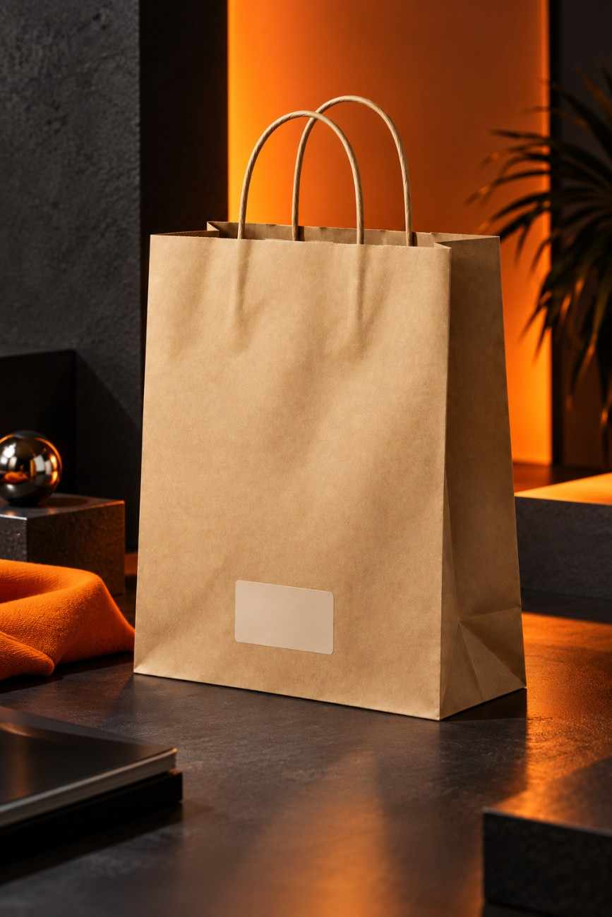 Brown kraft paper carry bag photographed against a dark charcoal and burnt orange backdrop in a premium editorial setup