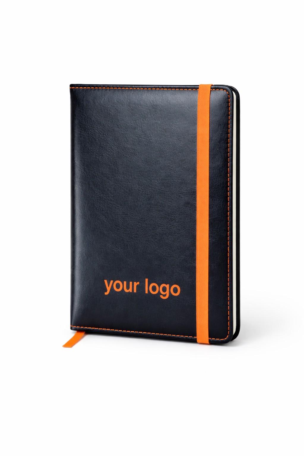 Custom logo black leather diary with orange strap for corporate gifting bulk orders