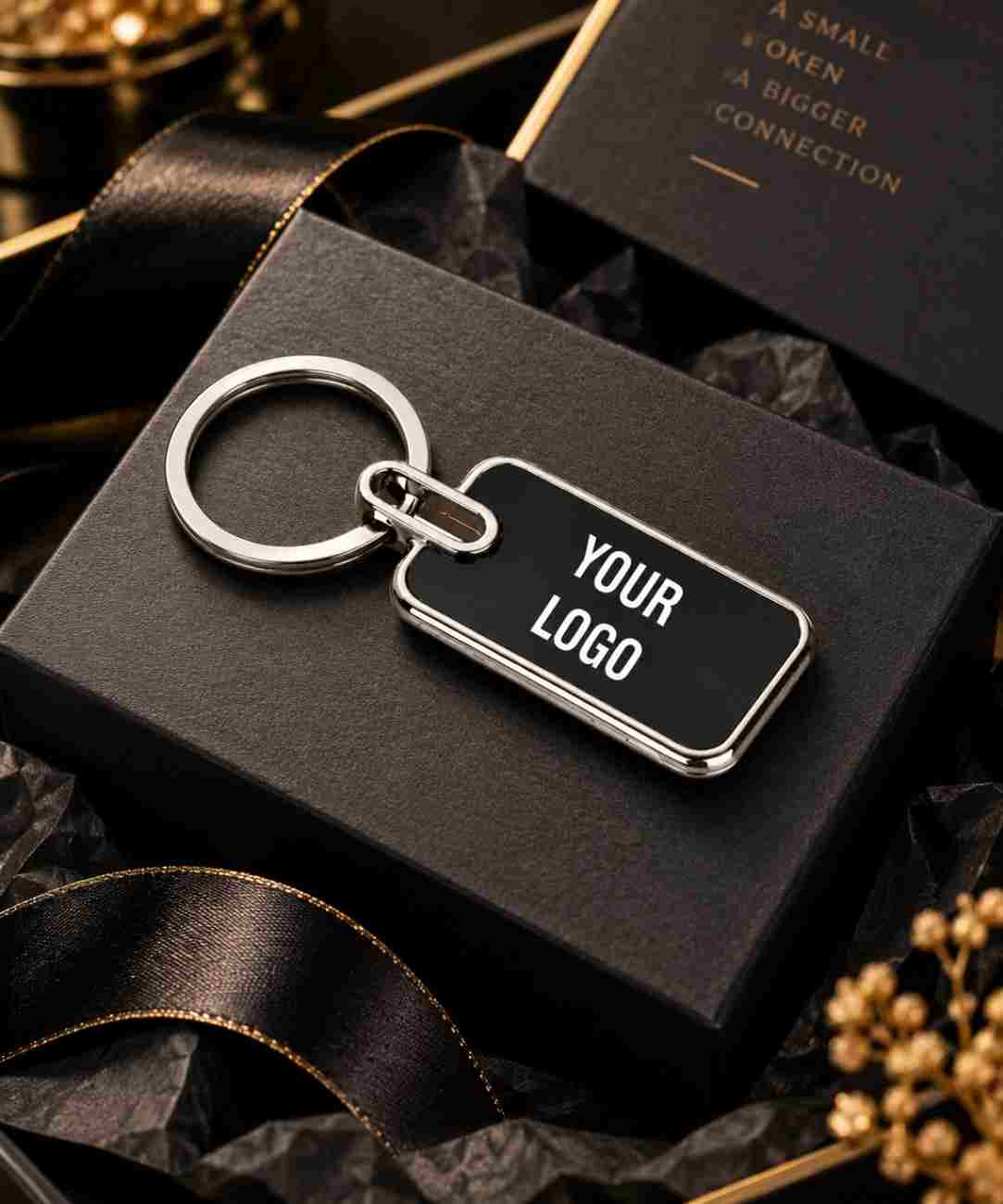 A customizable black rectangular keychain with a silver metal border, key ring, and split ring, displayed on a black gift box with a black ribbon.