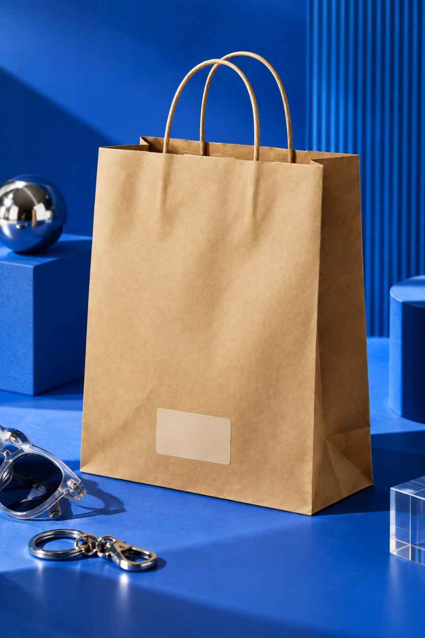 Brown kraft paper carry bag showcased against an electric blue backdrop in a modern Gen-Z product setup