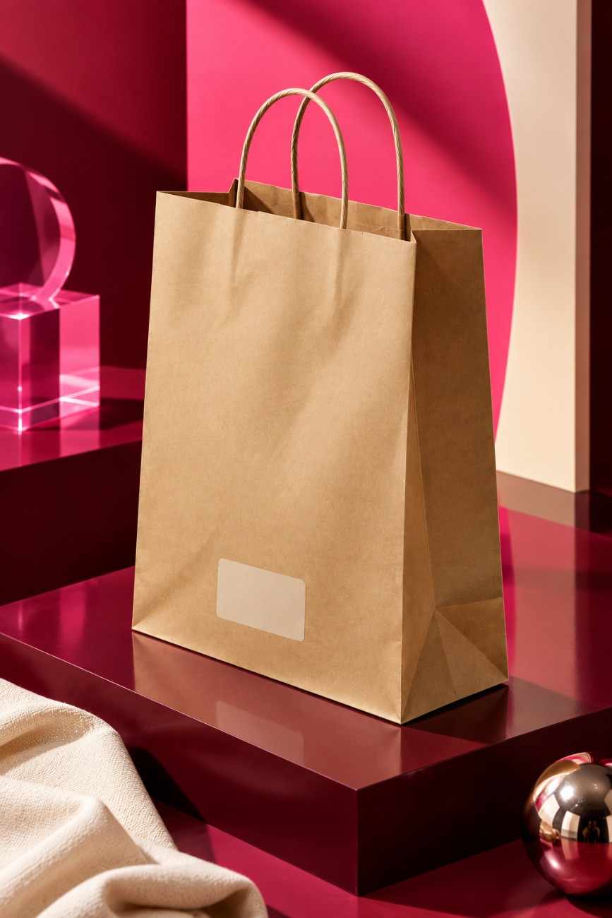 Large brown kraft paper carry bag showcased from a right-side angle on a burgundy pedestal with a hot pink backdrop