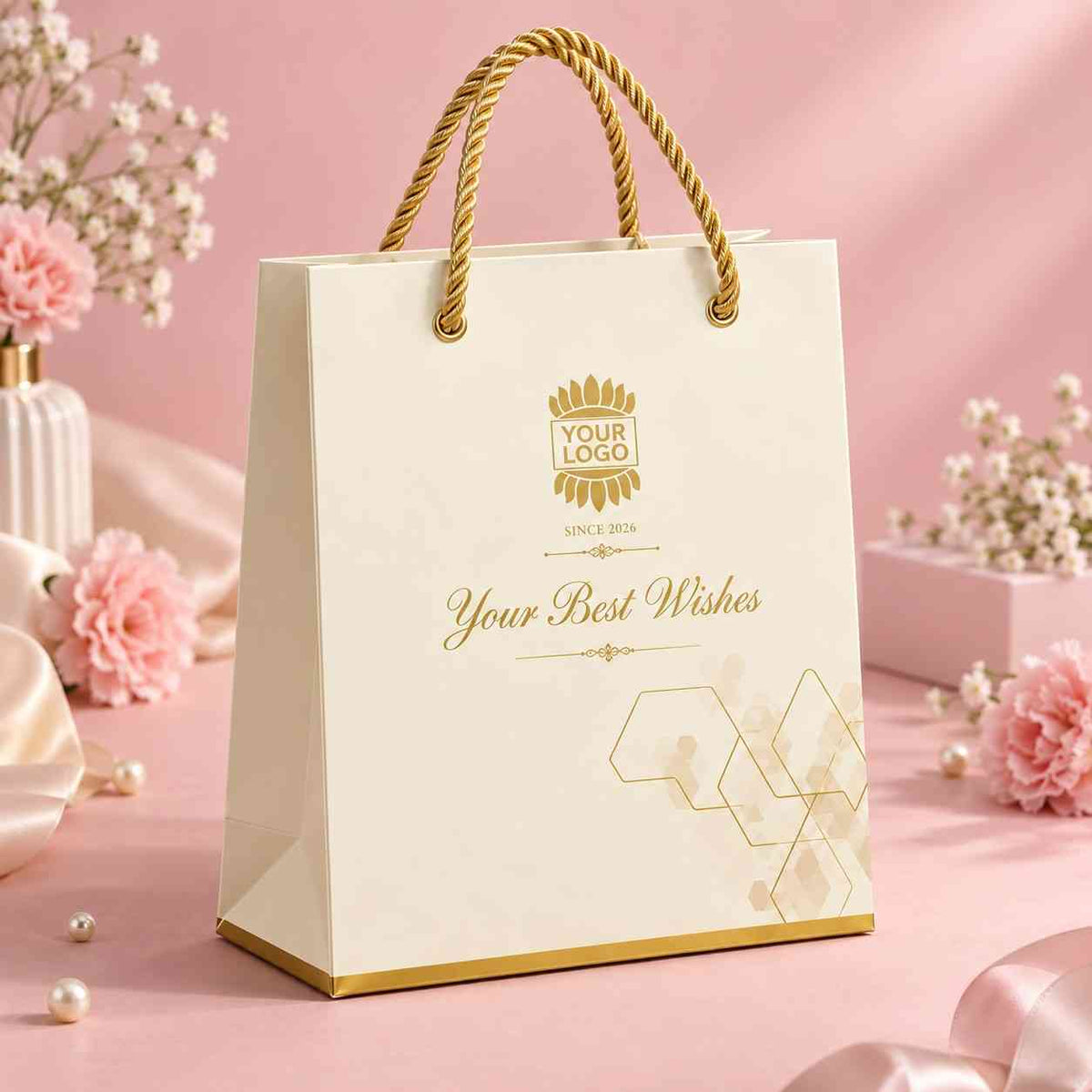 Luxury ivory paper gift bag with twisted gold handles.
Custom logo placeholder printed in gold foil on the front panel.
Elegant script text reading "Your Best Wishes" below the logo.
Photographed against a soft pink floral backdrop.
Perfect for boutique, wedding, or corporate gifting