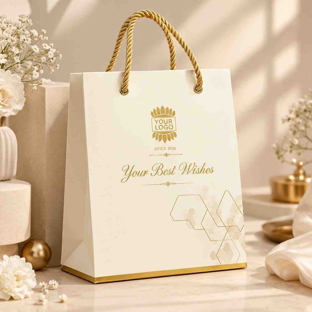 A white paper gift bag with gold twisted rope handles and gold printed logo/text, styled on a marble surface with flowers and soft sunlight in the background.