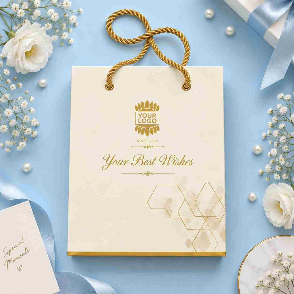 Ivory gift bag with gold rope handles on a light blue surface.
Gold foil logo and hexagon design on the lower panel.
Surrounded by small white flowers and delicate greenery.
Bag stands upright showcasing its premium paper finish.
Suited for spring gifting, bridal, or retail packaging use.