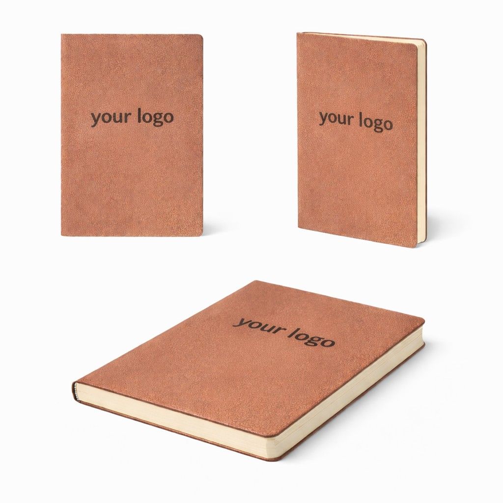 Personalized brown leather notebook with logo embossing, bulk corporate gift supplier for office and promotional use.