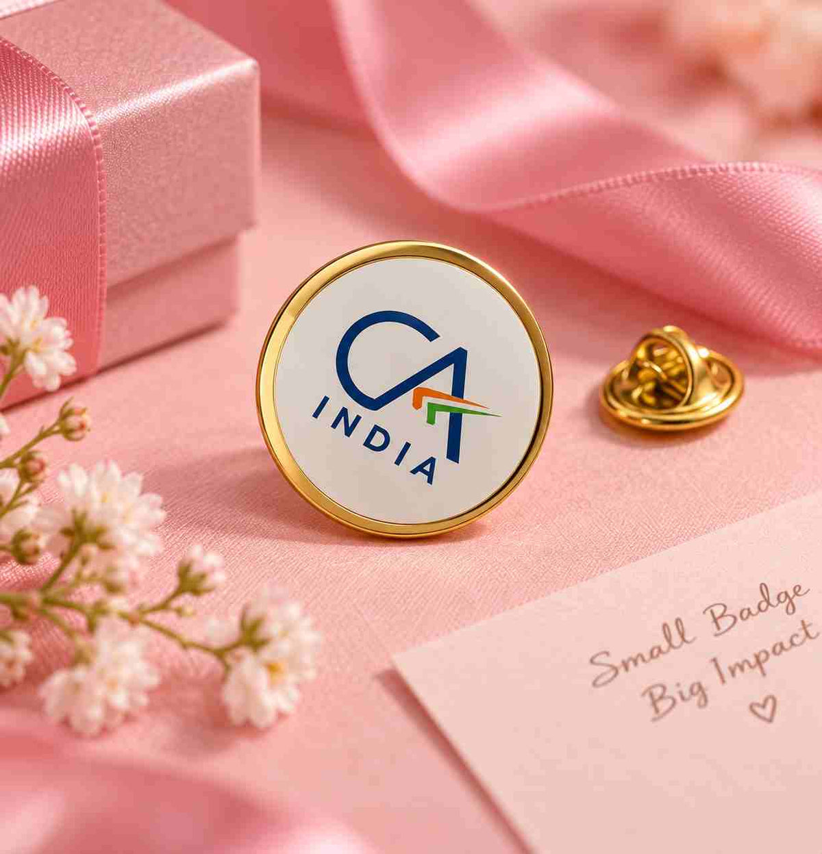 Round personalized CA India brooch with gold rim displayed on a pink gift setup