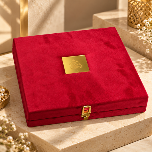 A square red velvet jewelry box with a gold clasp and a gold square emblem on the lid, styled on a beige stone pedestal with decorative flowers and warm lighting.