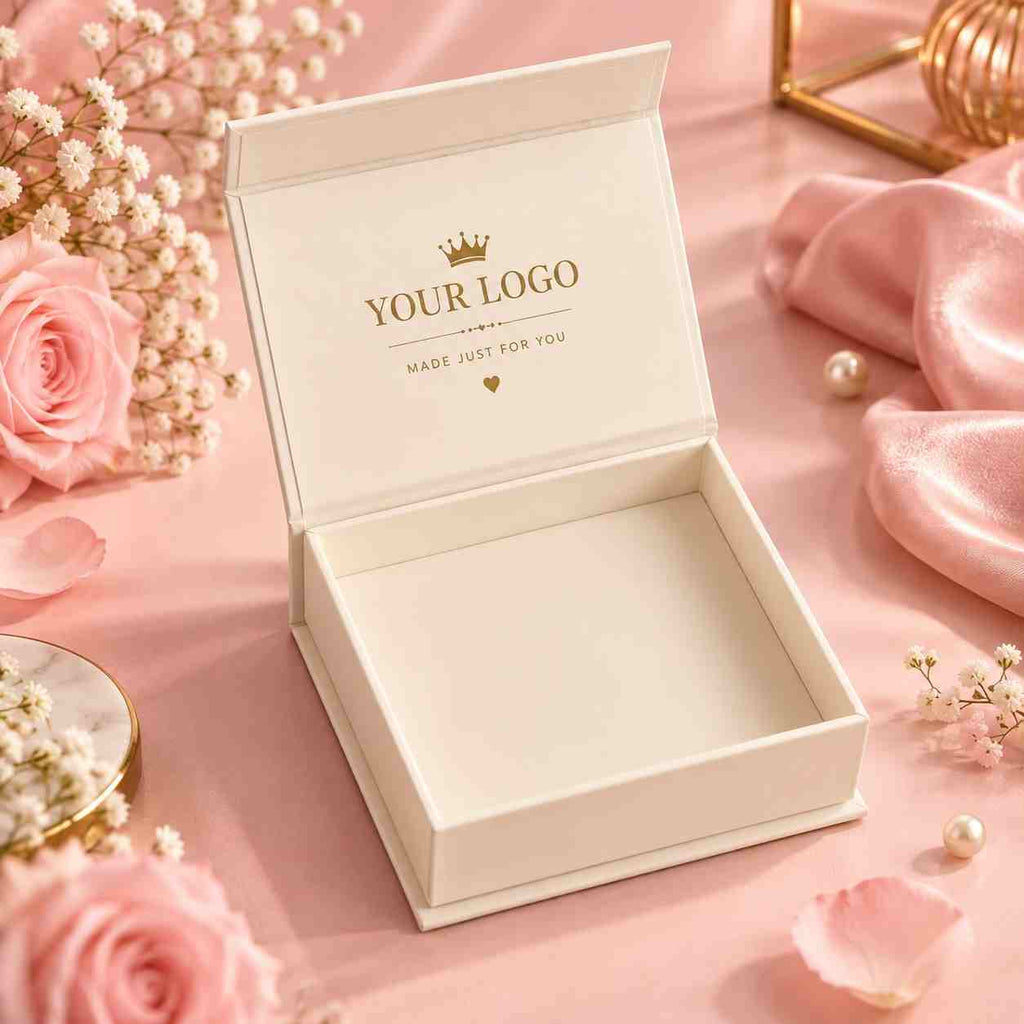 An open cream-colored jewelry box with a gold crown logo and placeholder text 'YOUR LOGO' on the inside lid, styled on a pink satin surface with pink roses, baby's breath, and pearls.