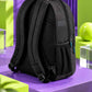 Black corporate backpack displayed from a rear-right angle on a cream pedestal against a deep forest green backdrop