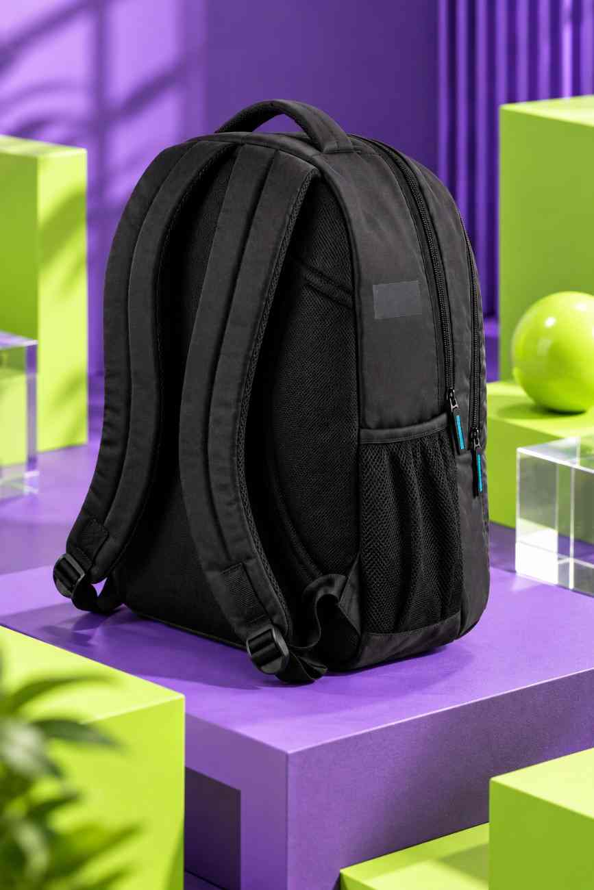 Black corporate backpack displayed from a rear-right angle on a cream pedestal against a deep forest green backdrop
