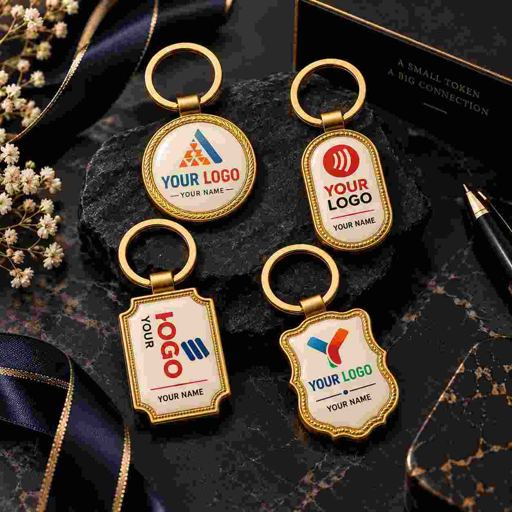 Gold custom logo keychains in four shapes, personalized with your name and logo. Styled on black marble for a bold, luxury promotional gift presentation.
