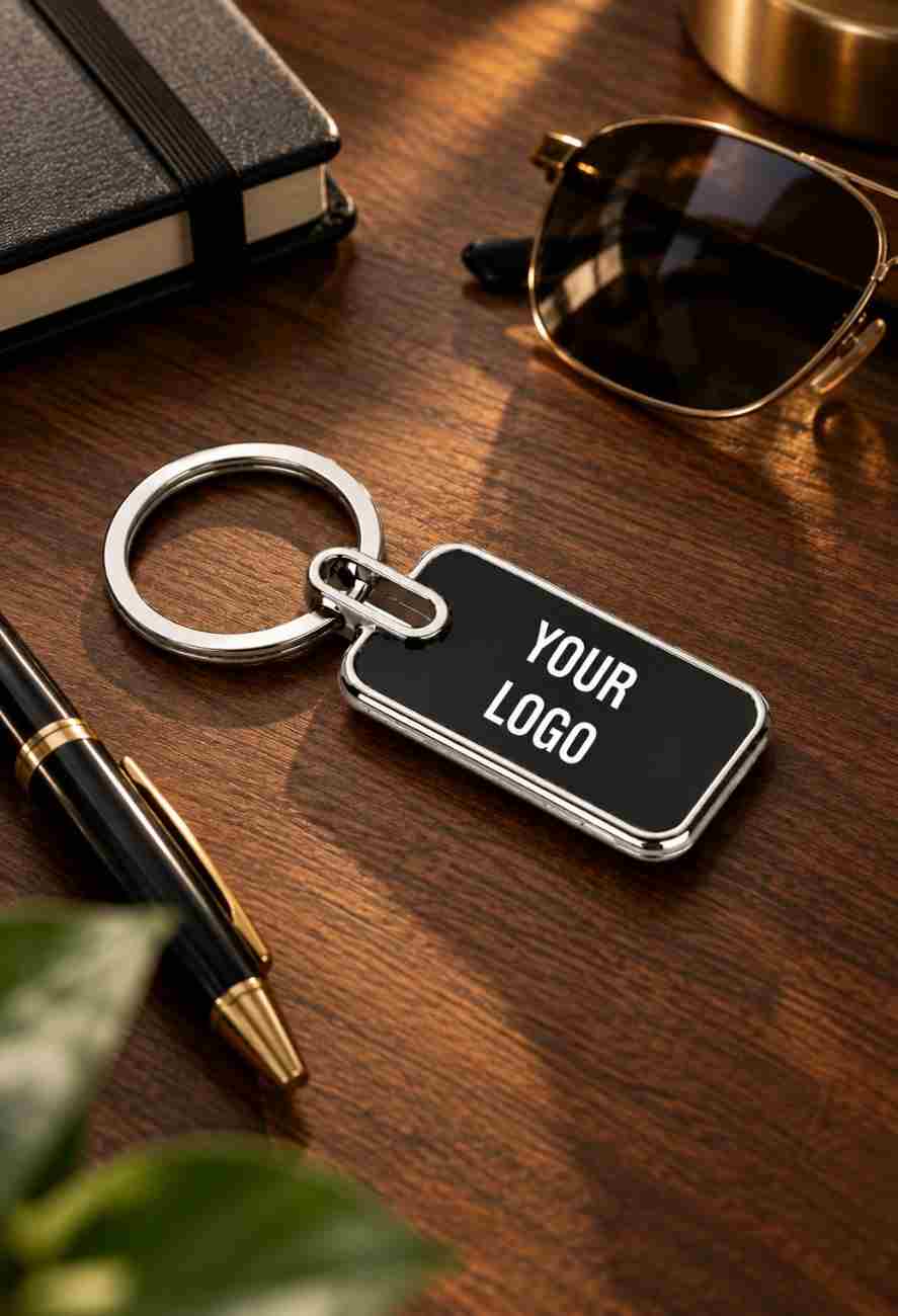 A black rectangular keychain with rounded corners, silver metal border, and a split key ring, placed on a wooden desk. The keychain has 'YOUR LOGO' printed in white.