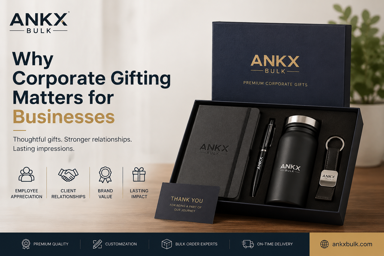 Why Corporate Gifting Matters for Businesses - Premium Corporate Gift Set by ANKX Bulk featuring customized notebook, pen, bottle and keychain for employee and client gifting.