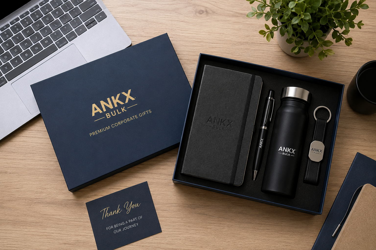 Premium bulk corporate gifting workspace featuring an ANKX Bulk gift set with notebook, pen, insulated bottle, keychain, and branded gift box for employee and client gifting.