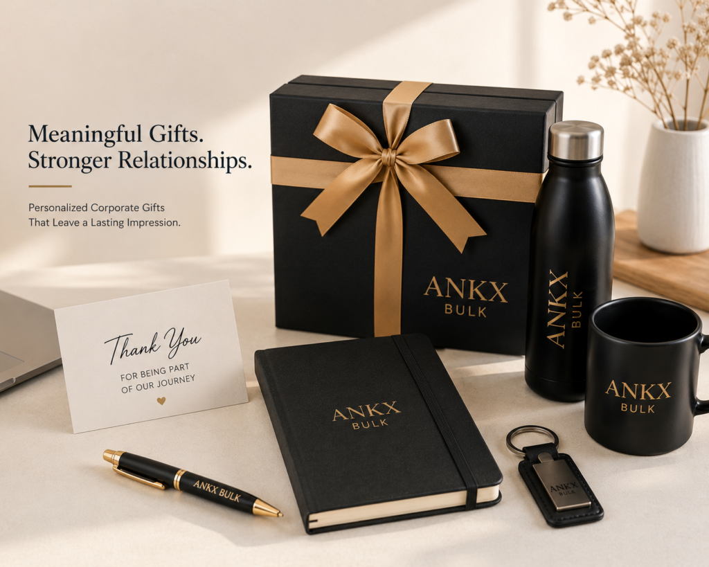 Premium personalized corporate gifts including branded notebooks, pens, mugs, bottles, and gift boxes for businesses in India.