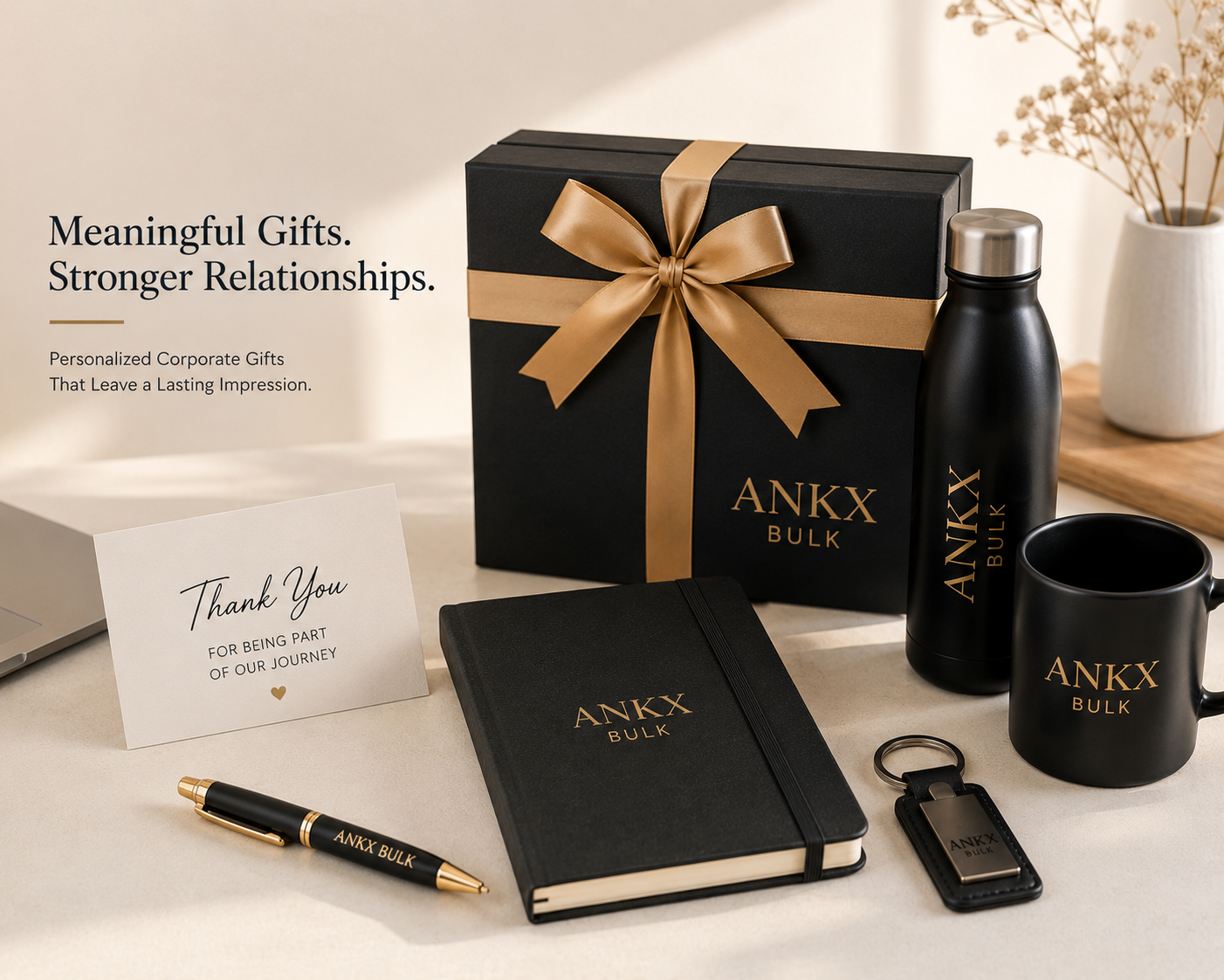 Premium personalized corporate gifts including branded notebooks, pens, mugs, bottles, and gift boxes for businesses in India.